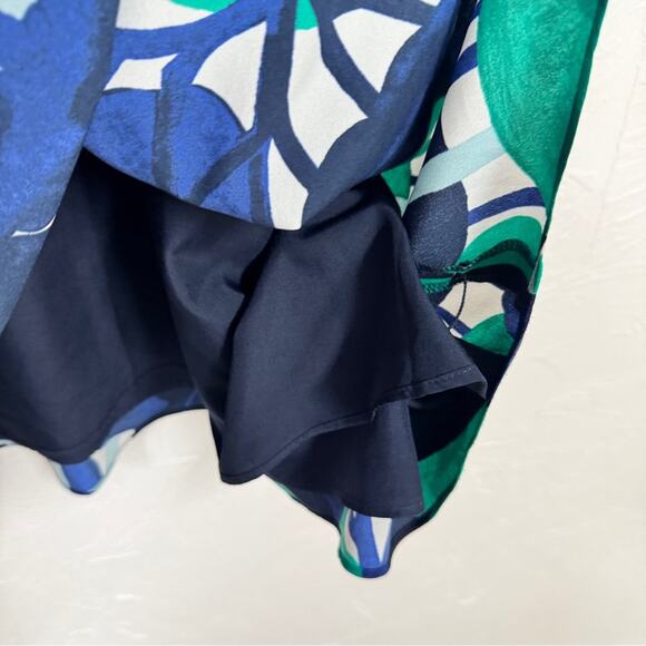 Ann Taylor Green Blue Floral Ruffled A Line Dress Womens 14P Belted Modest - Picture 8 of 9